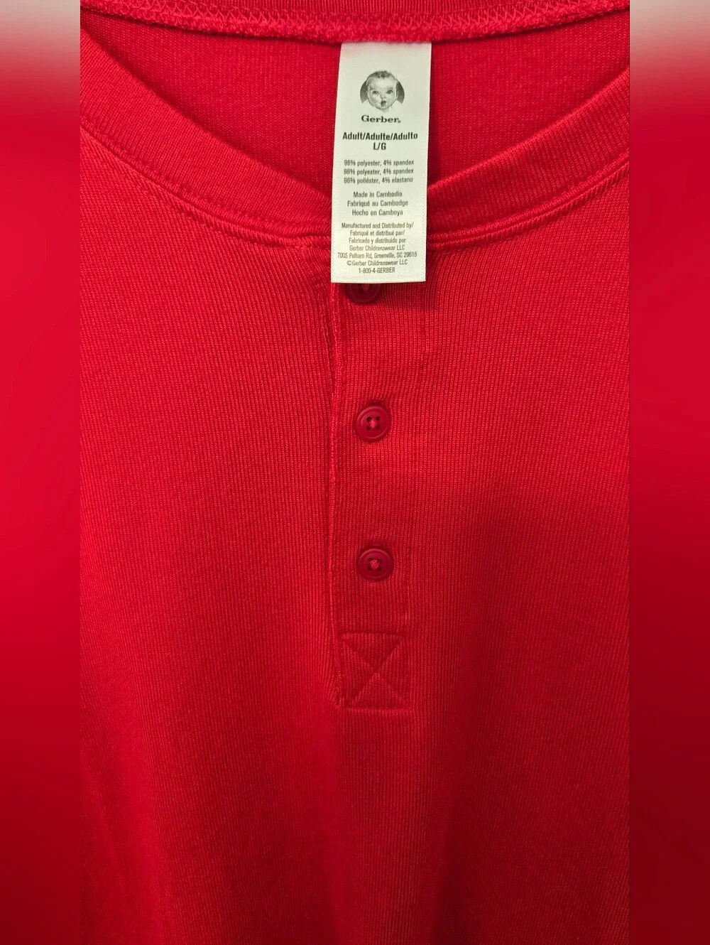 Gerber Bright Red Long-Sleeve Henley Shirt Super Soft Lg.clean - Picture 2 of 7
